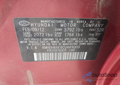 2012 Hyundai Elantra Limited (Ulsan Plant) из США, поврежденный, VIN KMHDH4AE8CU449009
